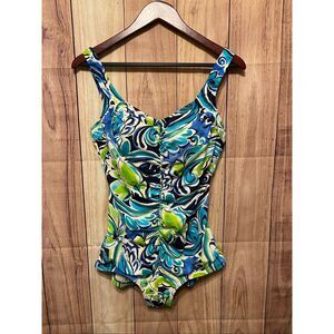 Maxine of Hollywood size 14 one piece swimsuit blue green slimming